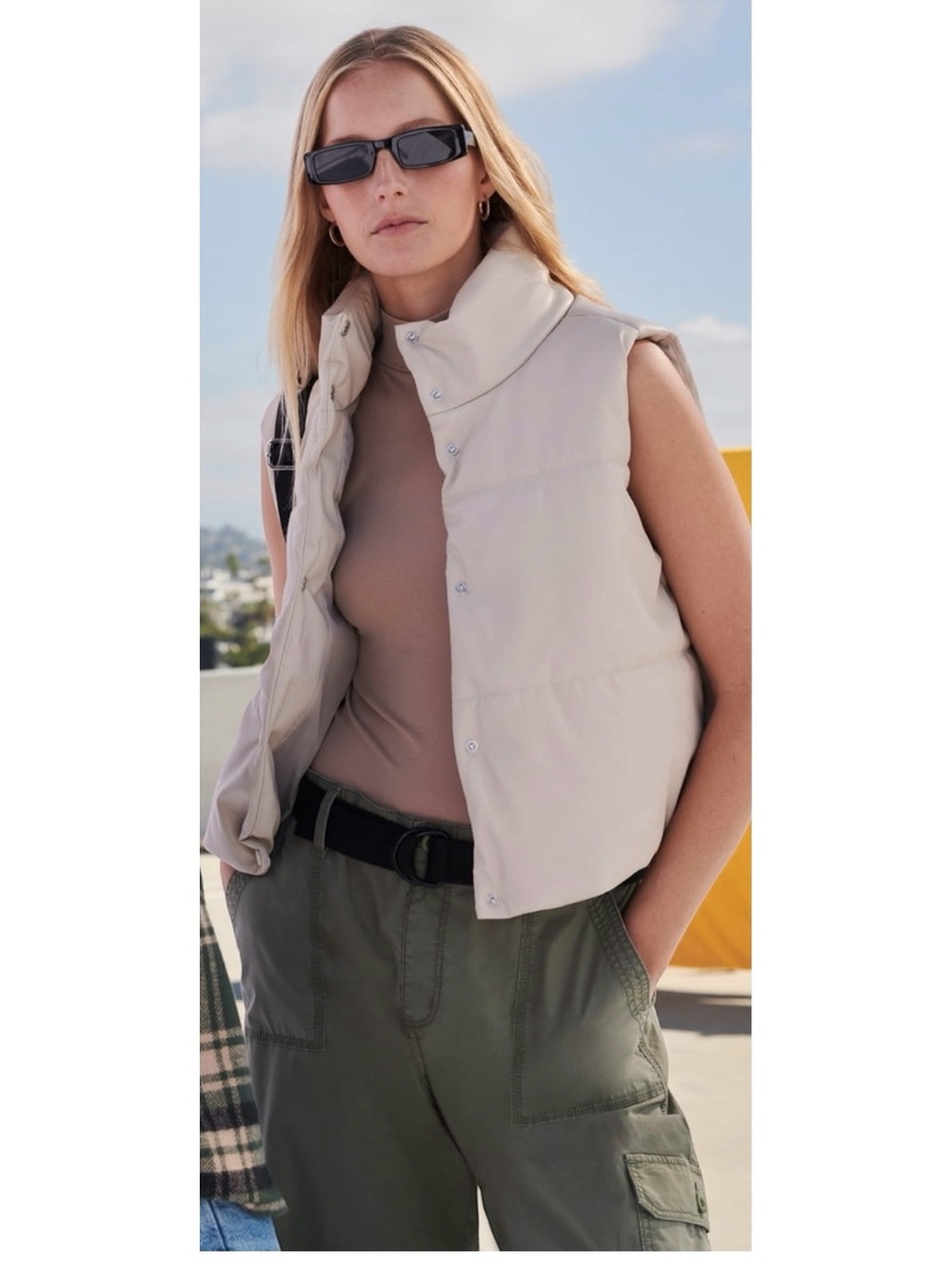 No Boundaries Light Beige Quilted Puffer Vest with Stand Collar